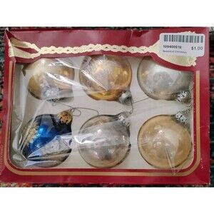 Vtg Rauch The Victoria Collection Glass Christmas Ornaments Box of 6 Gold Blue